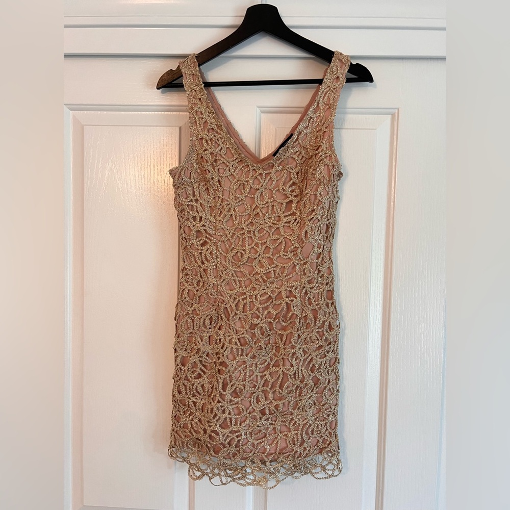 ANGL Tan Gold Lace Mini Dress